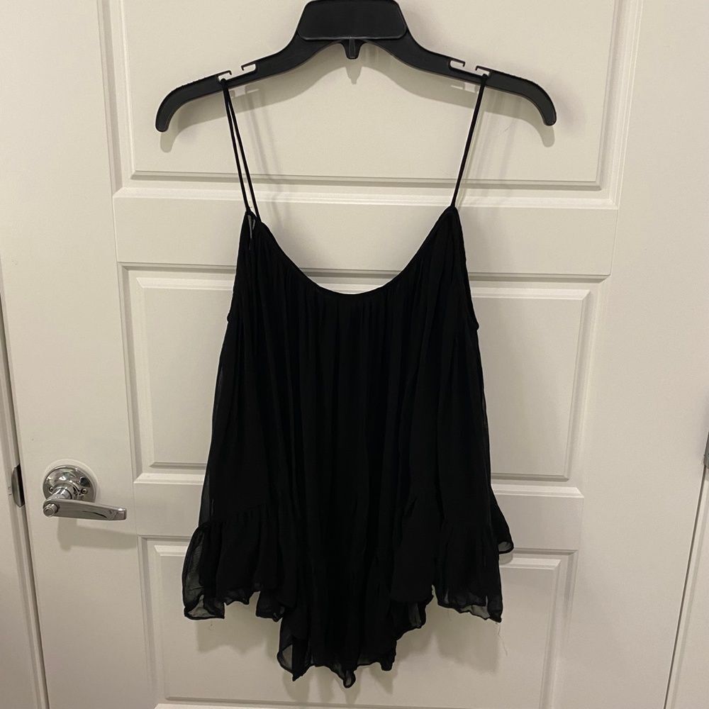 Zara Trafaluc Cold Shoulder Top Black Ruffle Chiffon Spaghetti Strap Blouse L - Picture 8 of 12